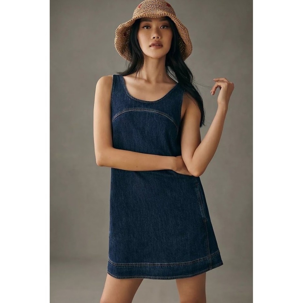 Pilcro Women 6 Denim Jumper Dress Dark Wash Adjustable Snap Straps Pockets - Picture 1 of 11